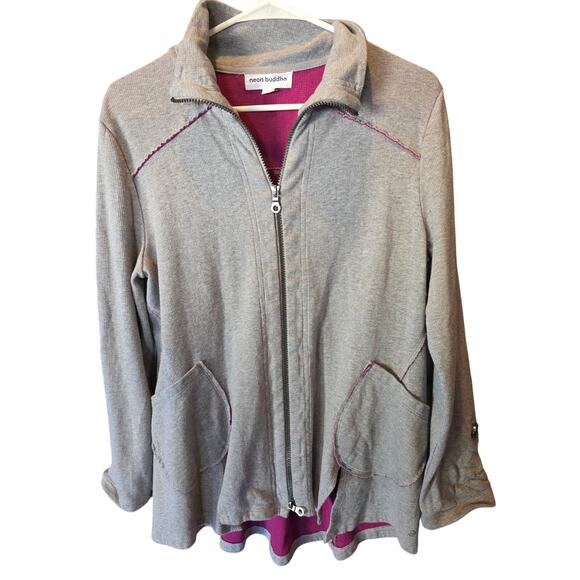 Neon Buddha Sweatshirt L Womens Lagen Look Roll Tab Sleeve Grey Zip Up Pockets - Picture 1 of 4